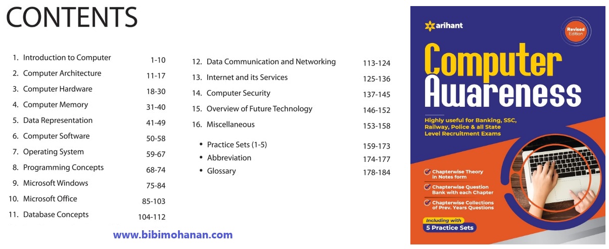 Objective Computer Awareness for General Competitive Exams by Arihant Experts contents page